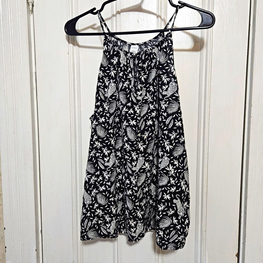 Old Navy Large Tiger Tropical Leaf Black White High-Neck Keyhole Halter Tank